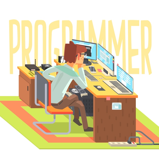 Hacker, trabajando en una computadora portátil, ilustración vectorial
