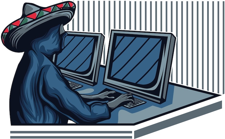 Vector hacker trabajando en una computadora con sombrero.