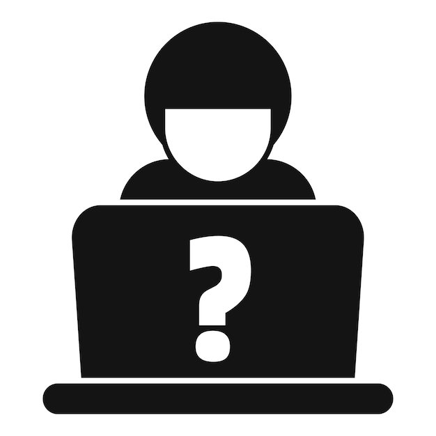 Hacker usando una computadora portátil con icono de signo de interrogación
