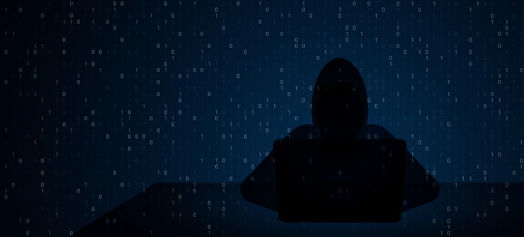 Vector hacker usando computadora portátil con interfaz digital de código binario hacking y concepto de malware protección de seguridad en internet