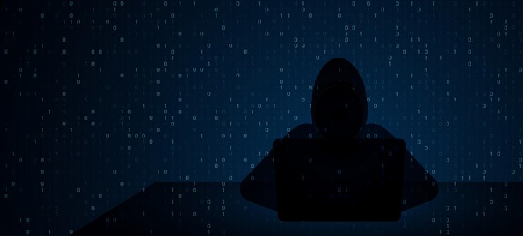 Vector hacker usando computadora portátil con interfaz digital de código binario hacking y concepto de malware protección de seguridad en internet