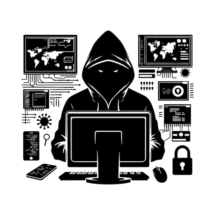Vector hacker vector hacker informático con la ilustración de la silueta del icono de la computadora portátil