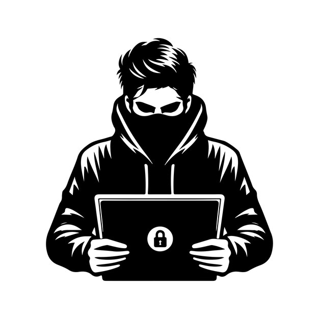 Hacker vector Hacker informático con la ilustración de la silueta del icono de la computadora portátil