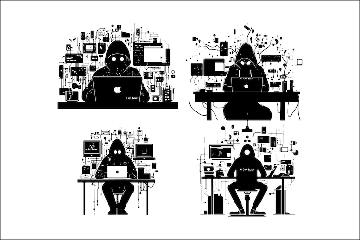 Vector hacker vector silueta de hacker informático arte de seguridad cibernética hacker digital ilustración de crimen cibernético