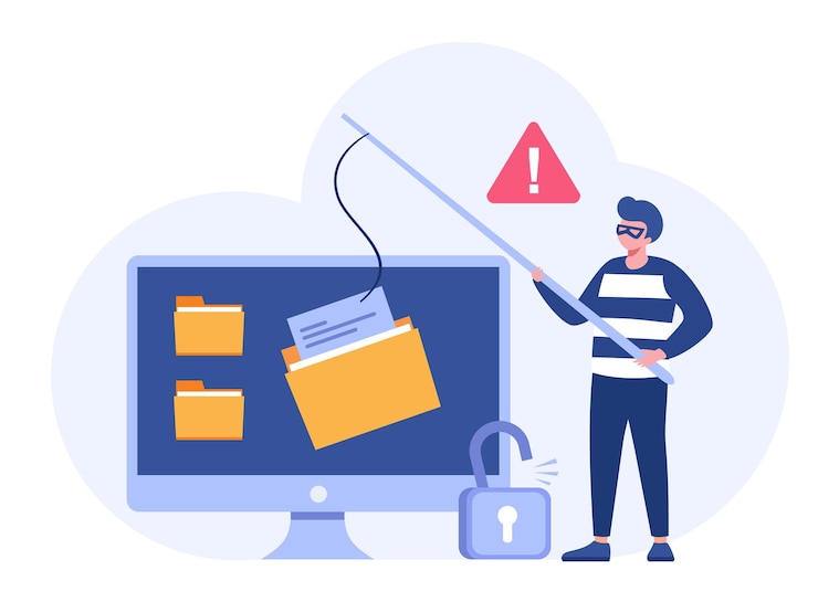 Vector hacking, estafa de phishing y protección contra errores, delitos cibernéticos, sistema de seguridad de internet, tecnología, diseño plano, ilustración, vector, banner y fondo.