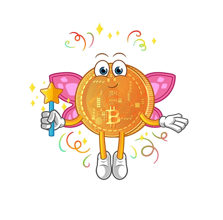 Vector hada bitcoin con alas y palo. vector de mascota de dibujos animados