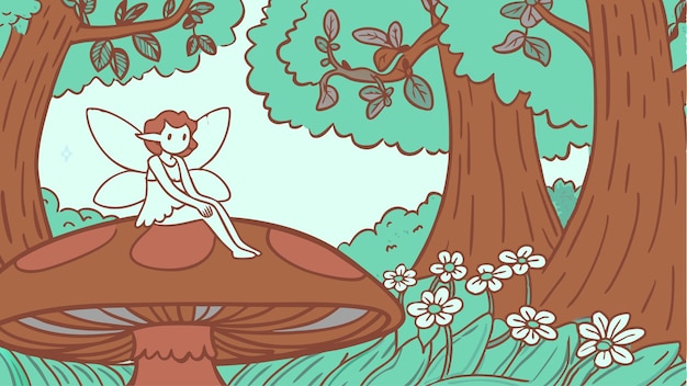 Hada caprichosa en el bosque de dibujos animados de setas Ilustración gráfica vectorial EPS