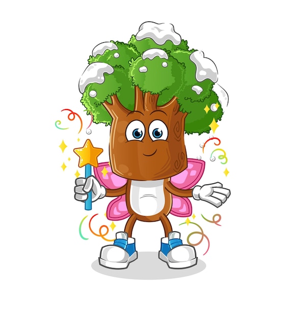 Hada de dibujos animados de cabeza de árbol con alas y vector de dibujos animados de palo