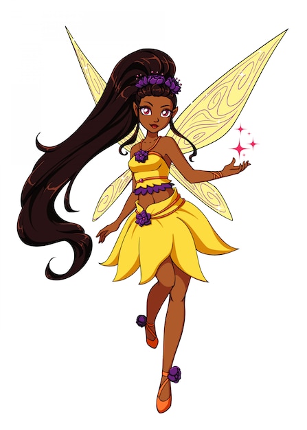 Hada de dibujos animados lindo con cabello largo oscuro y alas amarillas. vestido amarillo con flores.