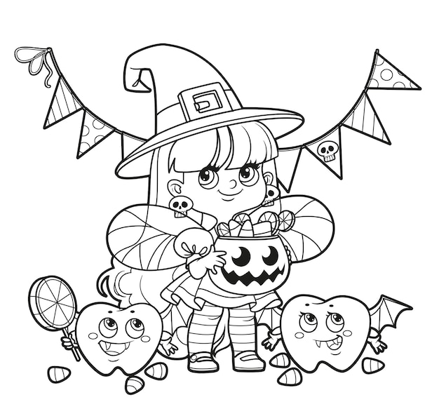 El hada del diente en un disfraz de bruja y los dientes en un traje de vampiro trickortreat delineado para colorear sobre un fondo blanco