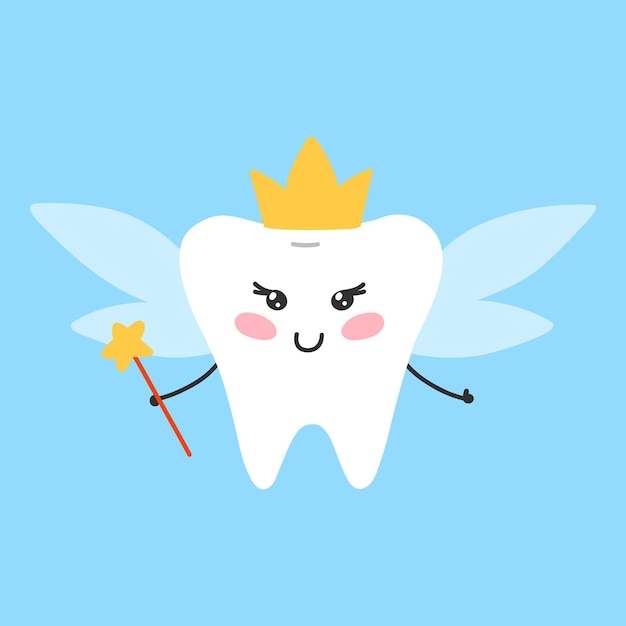 Hada de los dientes Ilustración vectorial Hada de los dientes en forma de diente Carácter de diente en estilo kawaii Estilo de dibujos animados plana