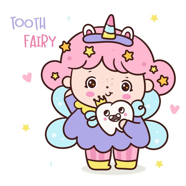 El hada de los dientes kawaii niña unicornio con diente de leche bonita princesa ángel bebé