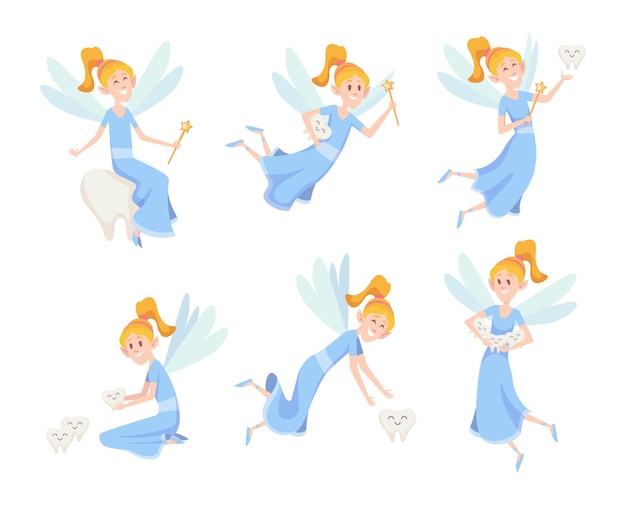 Hada de los dientes Linda princesita voladora con alas en acción posa mascota de fantasía de dibujos animados exacta aislada