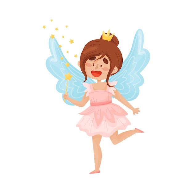 Hada feliz con alas en un vestido rosa con una corona en su cabeza ilustración vectorial en un blanco