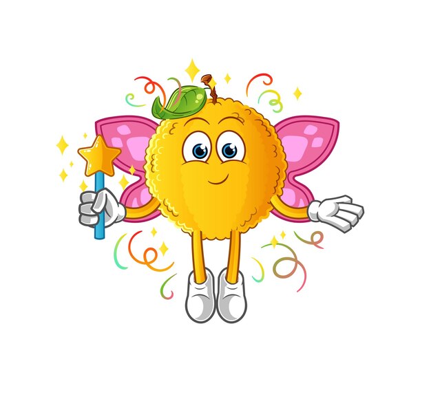 Hada de Jackfruit con alas y palo. vector de mascota de dibujos animados
