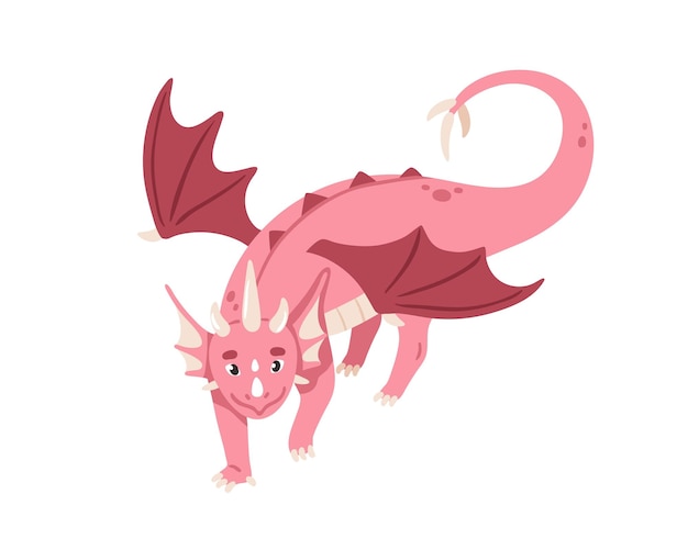 Hada lindo bebé dragón caminando. Personaje de cuento de hadas feliz. Dinosaurio adorable mágico. Animal de ficción con alas, cuernos. Reptil de la leyenda de la mitología. Ilustración de vector plano aislado sobre fondo blanco