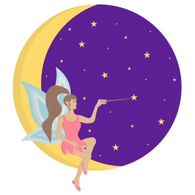 Hada sentada en la luna con una varita mágica. estrellas a su alrededor. pide un deseo.