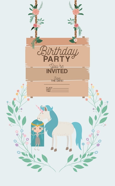 hada con unicornio y etiqueta tarjeta de invitación de madera