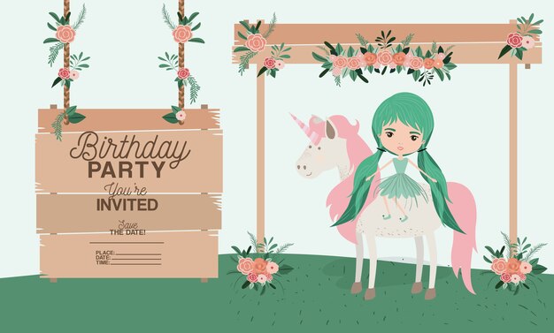 hada con unicornio y etiqueta tarjeta de invitación de madera