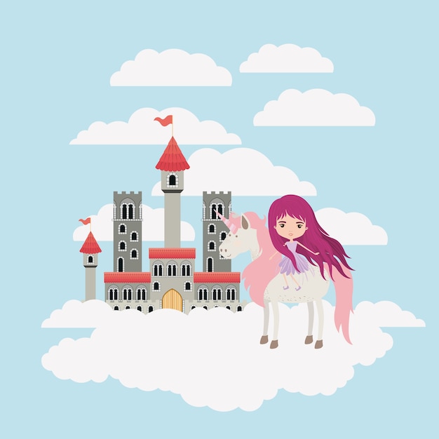 Vector hada con unicornio en las nubes y el castillo