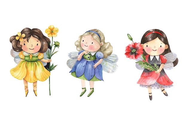 Hadas de flores mágicas chicas lindas pintadas en acuarela poppy bluebell ranúnculo