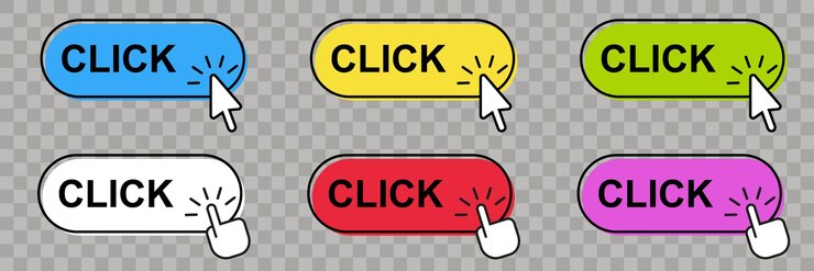 Vector haga clic aquí botón con cursor de flecha. haga clic en el botón en estilo plano vectorial