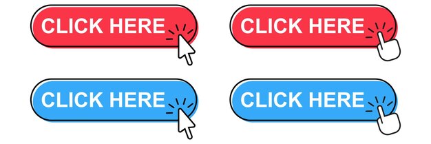 Haga clic aquí botón con cursor de flecha. Haga clic en el botón en estilo plano vectorial
