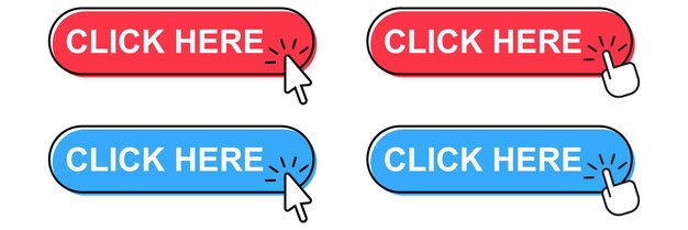 Vector haga clic aquí botón con cursor de flecha. haga clic en el botón en estilo plano vectorial