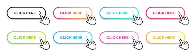 Haga clic aquí botones web. Haga clic, más, descargue, compre, lea, aprenda, corte, siga, agregue el símbolo de acción