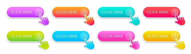 Haga clic aquí botones web. Haga clic, más, descargue, compre, lea, aprenda, corte, siga, agregue el símbolo de acción