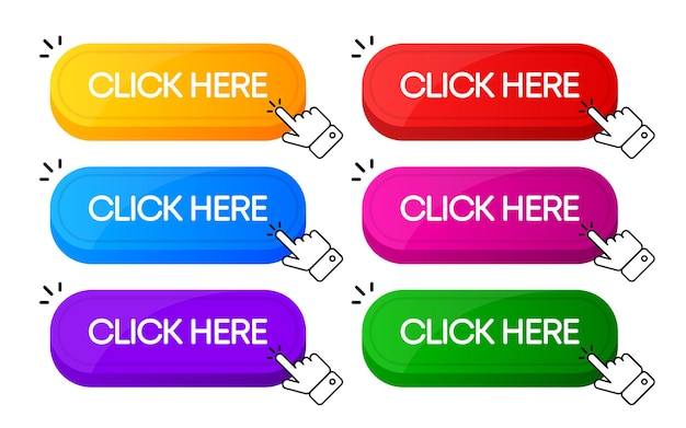 Haga clic aquí en la colección de botones con el puntero del dedo haciendo clic en el icono Haga click aquí en el botón web botón UI