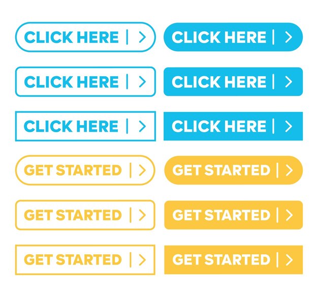 Haga clic aquí y empiece los botones de estilo de contorno simple vector acción botón web con símbolo de flecha