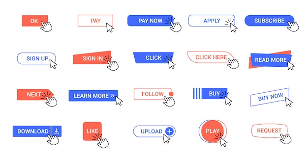 Haga clic en el botón botones de clic del puntero web, herramientas de cursor del mouse de la interfaz de la aplicación informática. conjunto de iconos de elementos flecha ui clic