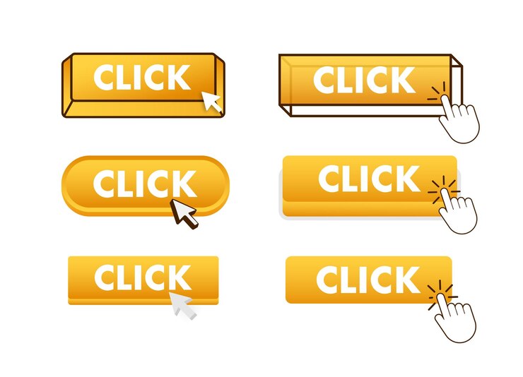 Vector haga clic en el botón con el puntero haciendo clic en haga clic en los botones web establecidos elemento de interfaz de usuario en estilo plano vec