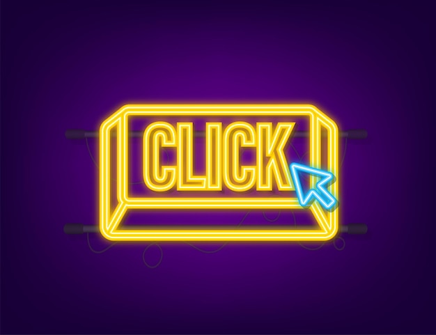 Haga clic en el botón con el puntero de la mano haciendo clic. Icono de neón. Ilustración de stock vectorial.