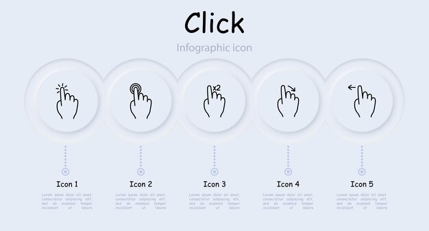 Haga clic en el icono de ajuste Presione el toque doble deslizar hacia la izquierda y derecha mantenga el toque 3D mantenga el control deslizar con dos dedos movimiento inteligente desplazamiento movimiento neomorfismo infográfico concepto de gestos abstractos