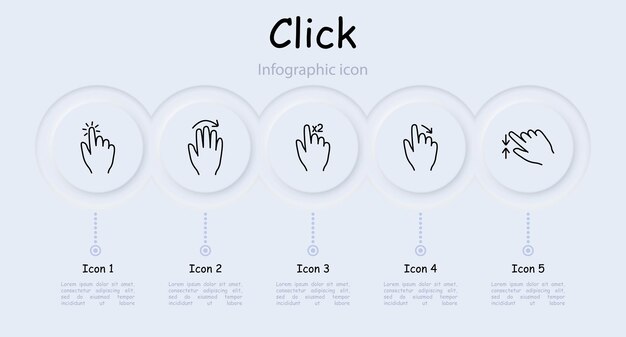 Haga clic en el icono de ajuste Presione el toque doble deslizar hacia la izquierda y derecha mantenga el toque 3D mantenga deslizar con dos dedos movimiento inteligente desplazamiento movimiento neomorfismo infográfico concepto de gestos abstractos
