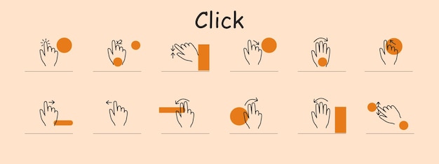 Haga clic en el icono de ajuste Un toque, dos toques, desliza hacia la izquierda, deslize hacia la derecha, toque y mantenga el arrastre, zoom en, zoom out, girar, pellizcar, deslizar, concepto de interacción de gestos de pantalla táctil