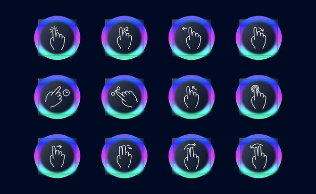 Haga clic en el icono de configuración Presione el toque doble deslizar hacia la izquierda y la derecha mantenga el toque 3D mantenga el control deslizar con dos dedos movimiento inteligente desplazamiento movimiento glassmorphism concepto de gestos abstractos