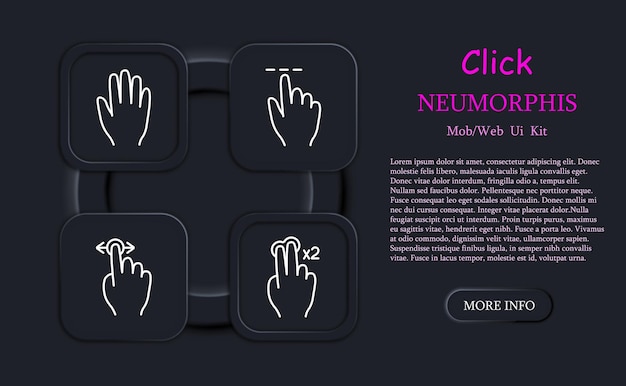 Vector haga clic en el icono de configuración presione el toque doble deslizar hacia la izquierda y la derecha mantenga el toque 3d mantenga el control deslizar con dos dedos movimiento inteligente desplazamiento movimiento neomorfismo concepto de gestos abstractos