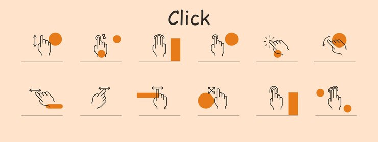 Vector haga clic en el icono de configuración un solo toque doble toque deslizar hacia arriba deslazar hacia abajo apretar para zoom arrastrar girar deslizar hacia la izquierda deslizar a la derecha mantener el toque concepto de interacción de gestos de pantalla táctil