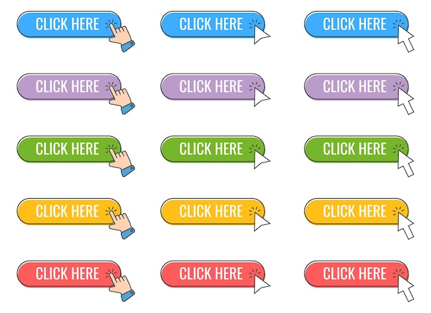 Haga clic en el icono del cursor con haga clic aquí conjunto de vectores de botón botón de acción con clic del mouse