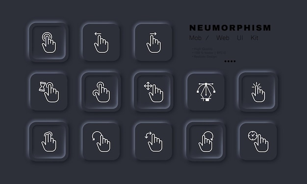 Haga clic en el icono de la línea Presionar la mano sensible deslizando el dedo índice toque la almohadilla toque la presión alejar el desplazamiento Concepto de pantalla táctil Estilo de neomorfismo Icono de línea vectorial para Negocios y Publicidad