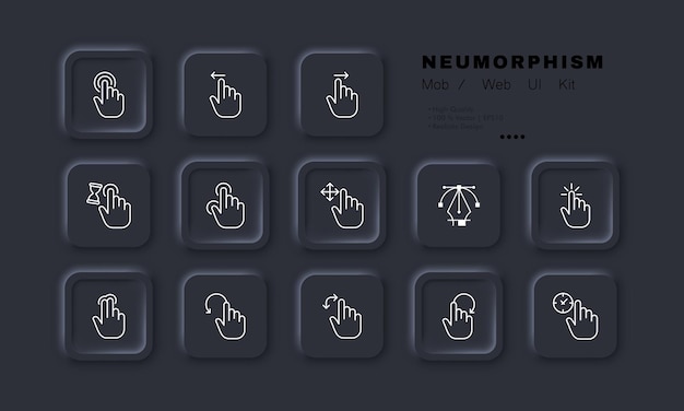 Vector haga clic en el icono de la línea presionar la mano sensible deslizando el dedo índice toque la almohadilla toque la presión alejar el desplazamiento concepto de pantalla táctil estilo de neomorfismo icono de línea vectorial para negocios y publicidad