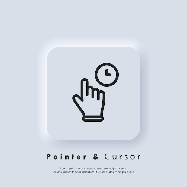 Haga clic en el icono del puntero del mouse. Haciendo clic en el icono del dedo, cursor. Puntero de mano, haciendo clic en los iconos. Botón web de interfaz de usuario blanco Neumorphic UI UX. Neumorfismo