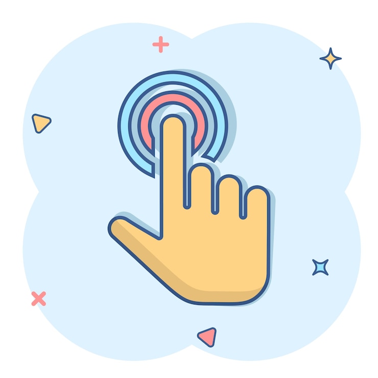 Vector haga clic en el icono del ratón en estilo cómico ilustración de dibujos animados vectorial de puntero en fondo blanco aislado efecto de salpicaduras de concepto de negocio con botón de mano