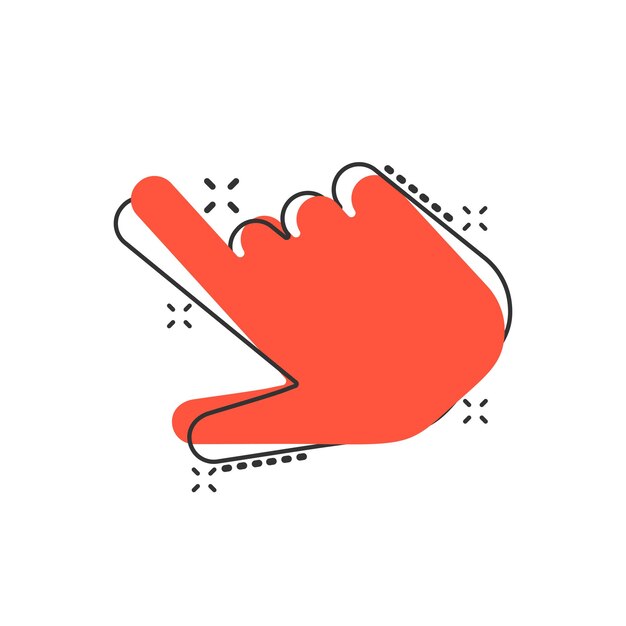 Haga clic en el icono del ratón en estilo cómico Ilustración de dibujos animados vectorial de puntero en fondo blanco aislado Efecto de salpicaduras de concepto de negocio con botón de mano