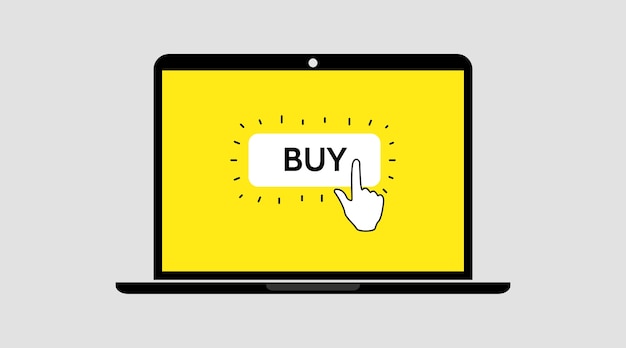 Haga clic con la mano en el botón Comprar. Las compras en línea. Comprar online. portátil Plantilla de pantalla de portátil.