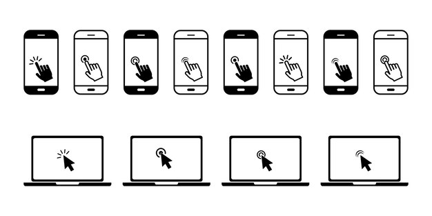 Haga clic en el mouse de la computadora en la computadora portátil de la pantalla y toque con la mano en el teléfono inteligente de la pantalla. Cursor y portátil.