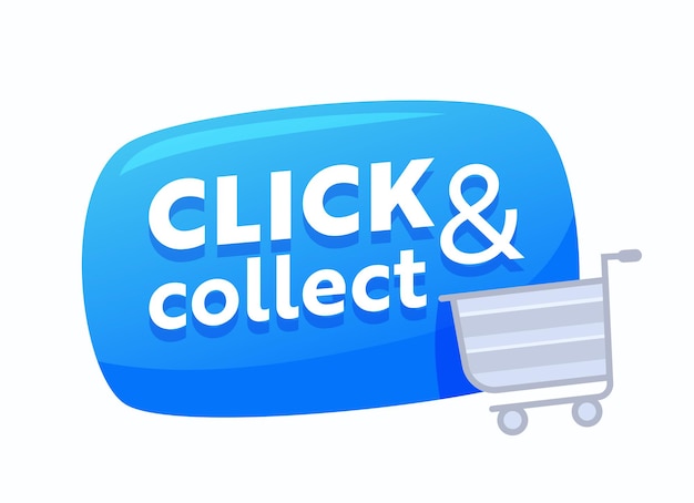 Haga clic y recoja Blue Bubble con carrito de compras, banner promocional de ventas por Internet para compras en línea y servicio de pedido de productos. Botón de compra para aplicación móvil. Ilustración vectorial